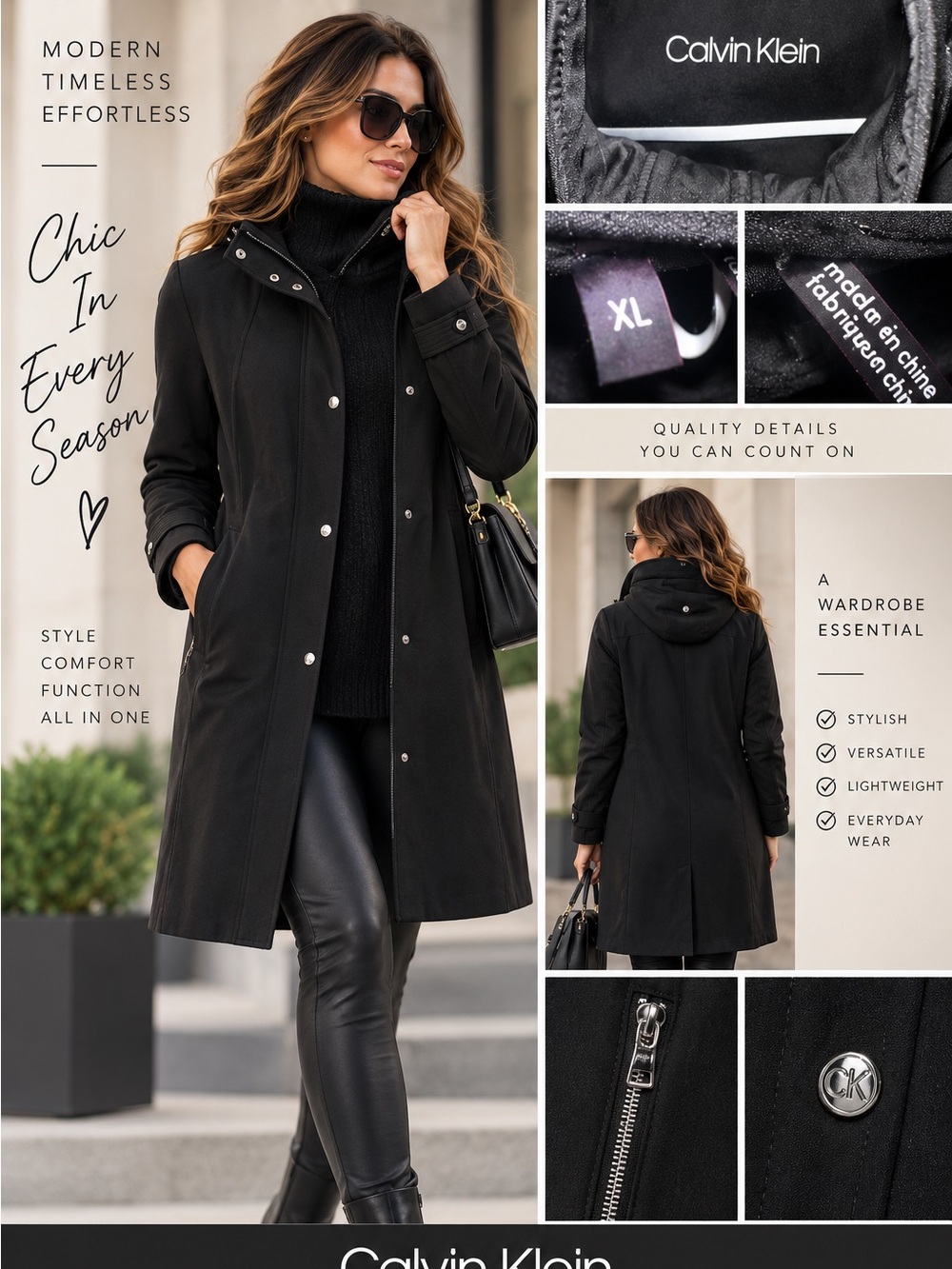 Calvin Klein Women’s Black Hooded Coat/Jacket – XL – Chic & Versatile